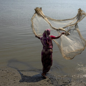 Woman catching fish, Bangladesh