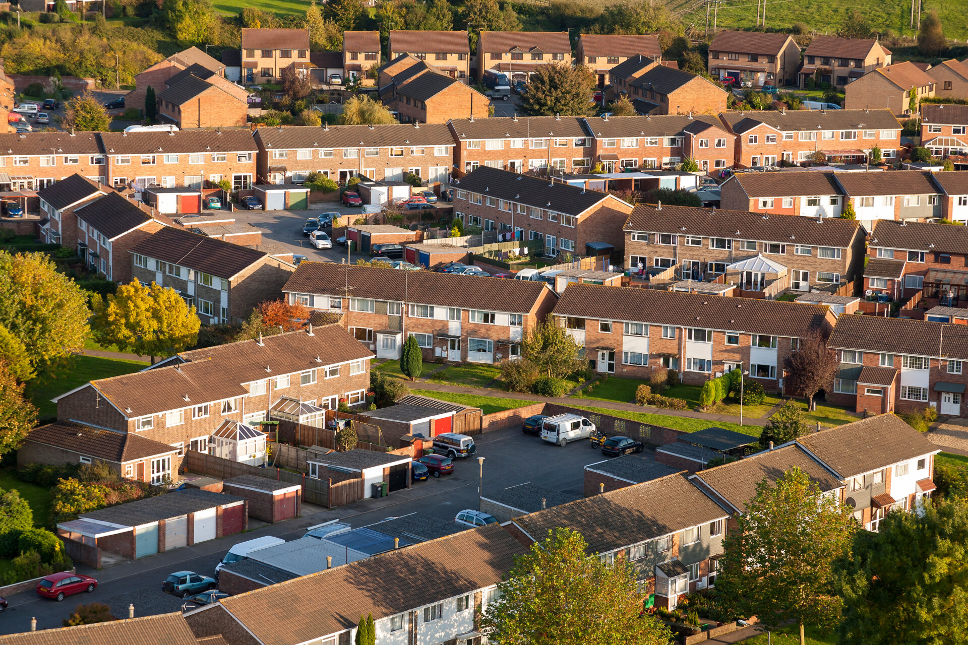 Aerial View of UK Red Brick 1970’s Housing Estate