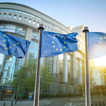 European union flag against parliament in Brussels