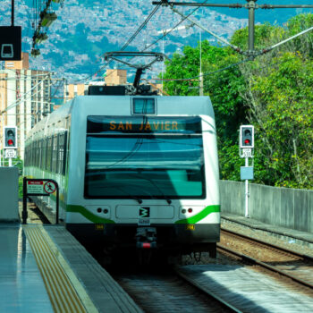 Medellin, Medellín, Antioquia, Colombia, 08 06 2023 : platform of the metro Estadio with a train arriving into the station.