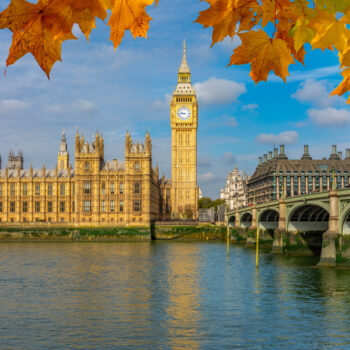 Big Ben with Houses of Parliament and Westminster bridge in autumn, London, UK